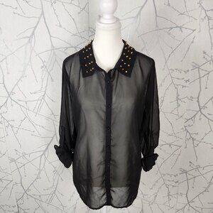 Stella Tweed Black Gold Studded Collar Button Front Sheer Blouse